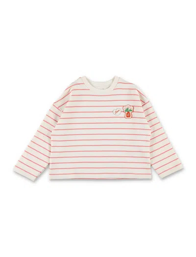 Bonpoint Embroidered Stripe Cotton T-shirt For Girls With Cherry Motif In Off White  Pink