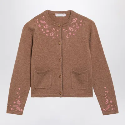 Bonpoint Floral Embroidered Wool-blend Cardigan In Brown