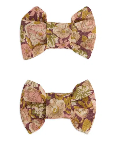 Bonpoint Kids' Floral-print Bow Hair Clip (set Of Two) In Brown