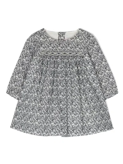 Bonpoint Babies' Floral-print Round-neck Smocked Dress In Blue