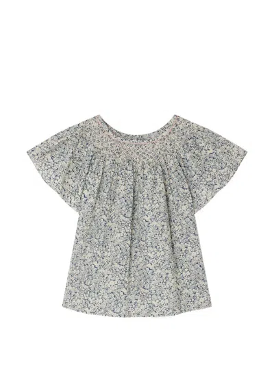 Bonpoint Floral Print Smocked Mini Top With Short Sleeves In Navy