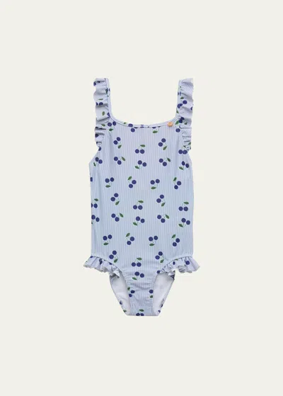 Bonpoint Kids' Girl's Acapulco Ruffle Trim Swimsuit In Blue