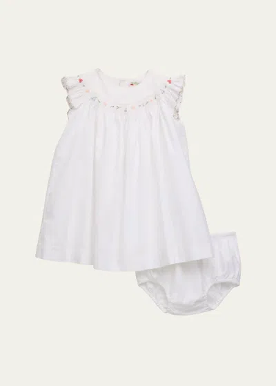 Bonpoint Kids' Girl's Amantine Dress W/ Floral Details & Bloomers In Blanc Lait