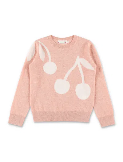 Bonpoint Girl's Cashmere Intarsia Cherry Motif Sweater With Ribbed Trim In Tea Pink