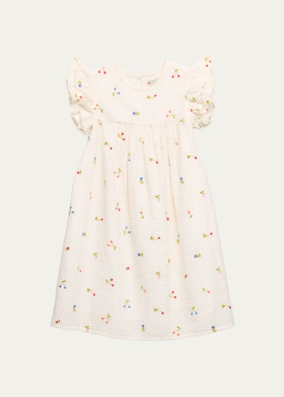 Bonpoint Kids' Girl's Florentine Cherry Embroidered Dress In Blanc Lait