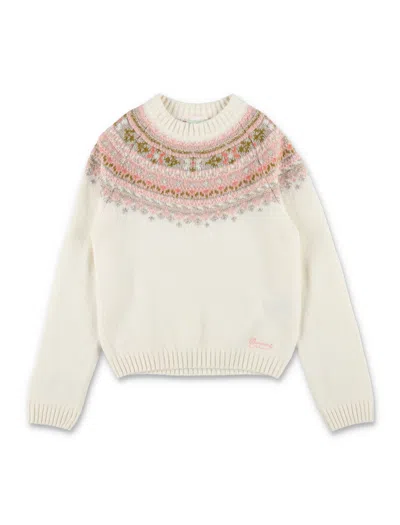 Bonpoint Girl's Jacquard Wool & Organic Cotton Crew-neck Raglan Sweater With Embroidered Logo Hem In White