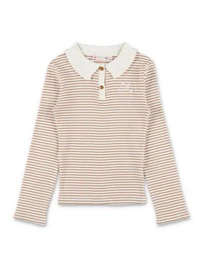 Bonpoint Girl's Organic Cotton Mini Striped Polo T-shirt With Cherry Embroidery In Neutral