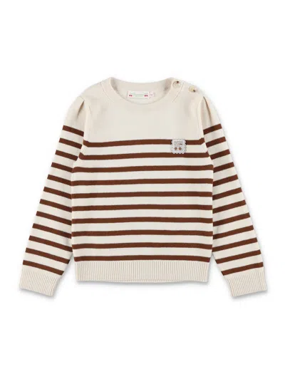 Bonpoint Girl Striped Knit Sweater With Shoulder Buttons In Beige