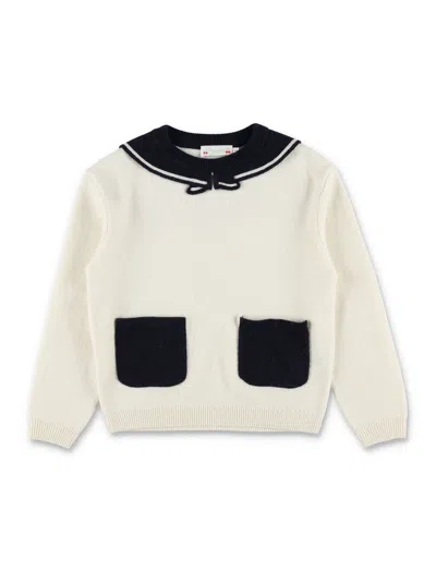 Bonpoint Girl Wool Sweater With Contrast Collar And Pockets In White
