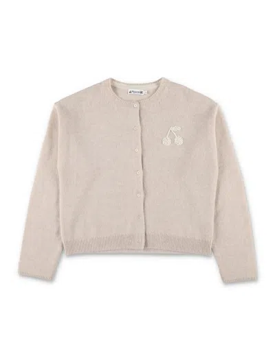 Bonpoint Girls Cashmere Cherry-embroidered Cardigan With Tonal Buttons In Beige