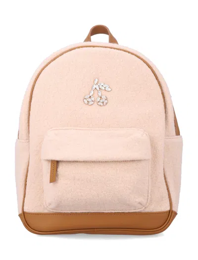 Bonpoint Girls Faux Shearling Backpack With Crystal Cherry Detail In Beige