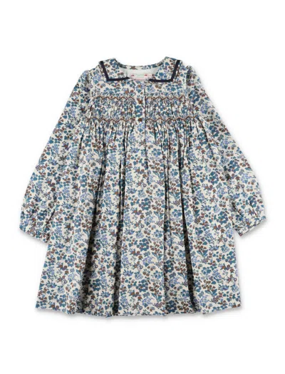 Bonpoint Girls' Liberty Floral Cotton-wool Sailor-collar Mini Dress With Hand-embroidered Smocking In Blue