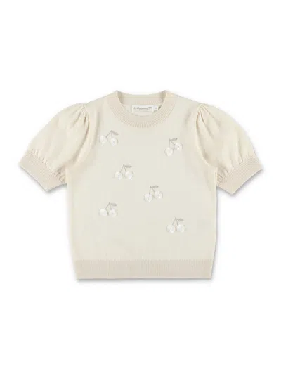 Bonpoint Girls' Mini Hand-embroidered Cherry Sweater In Upb Ecru