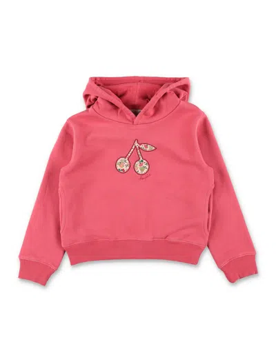 Bonpoint Girls' Organic Cotton Fleece Cherry Motif Hooded Hoodie In Raspberry