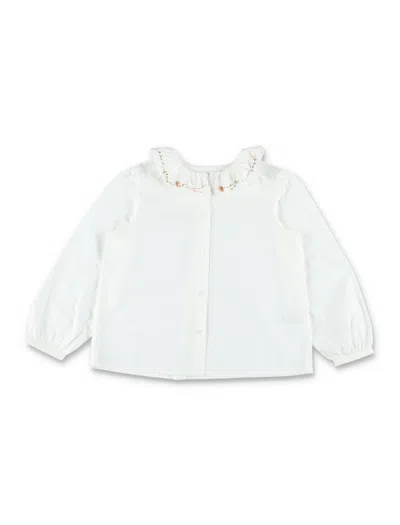Bonpoint Girls' Organic Cotton Poplin Blouse With Embroidered Ruffled Collar In Milk White