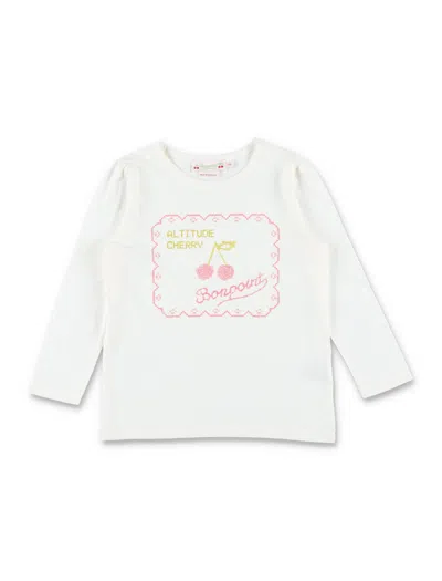 Bonpoint Girls Organic Cotton T-shirt With Altitude Cherry Embroidery And Puff Long Sleeves In Milk White