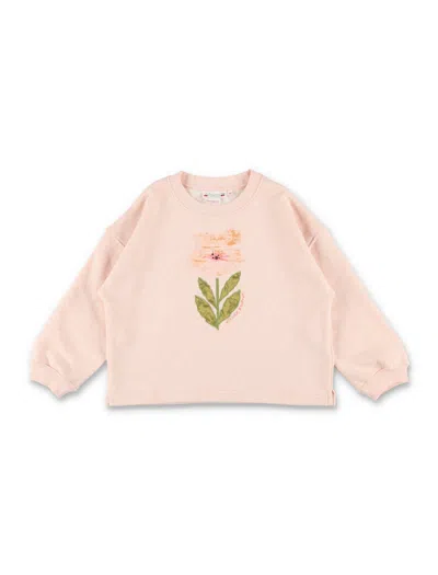 Bonpoint Girls Relaxed Cotton Sweatshirt With Embroidered Floral Front In Pink