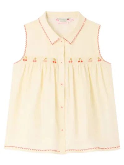 Bonpoint Girls Sleeveless Embroidered Cotton Blouse In Beige