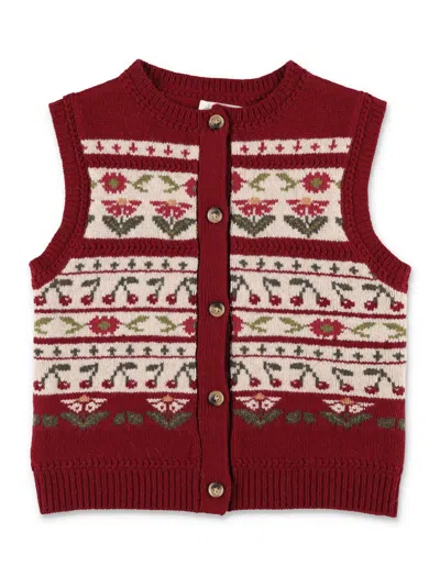 Bonpoint Girls Wool Jacquard Button Front Sweater Vest In Burgundy