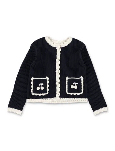 Bonpoint Girls' Wool-blend Crocheted Trim Cardigan With Cherry Motifs And Scalloped Crew Neck In Black