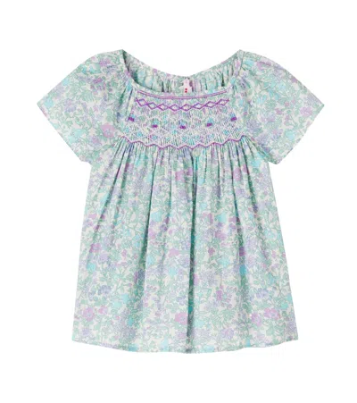 Bonpoint Kids' Grenade Floral Smocked Cotton Top In Blue