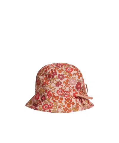 Bonpoint Grigri Hat With Pink Flowers In Liberty Organic Cotton Fabric In Red