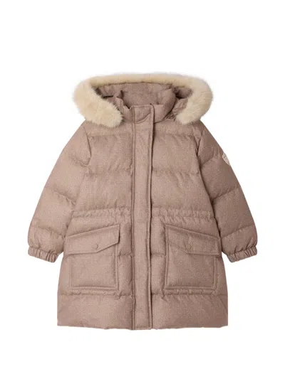 Bonpoint Kids' Herringbone-print Faux-fur-trim Coat In Brown