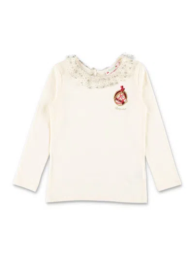 BONPOINT IVORY COTTON T-SHIRT WITH TULLE COLLAR BONPOINT