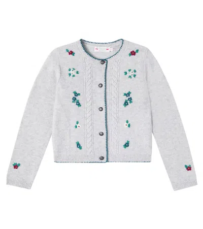 Bonpoint Kids' Jamina Cable-knit Floral Wool Cardigan In Gray