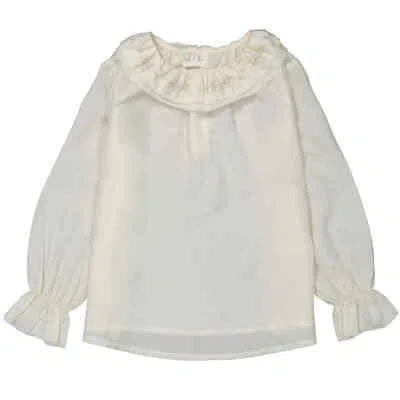 Pre-owned Bonpoint Kids White Lait Jaya Ruffle-trim Silk Blouse, Size 6y
