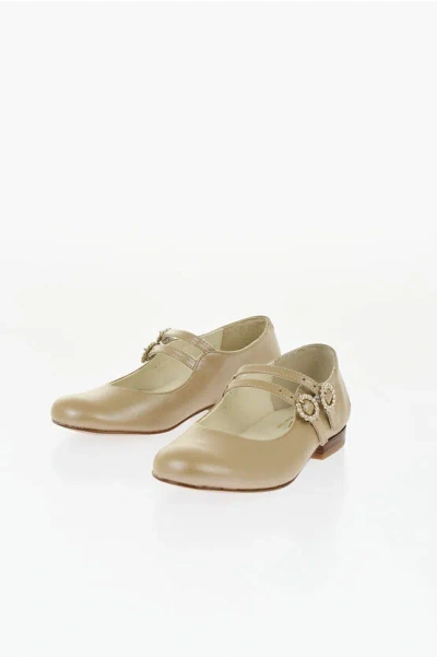 Bonpoint Leather Mary Jane Ballet Flats With Jewels Buckle In Brown