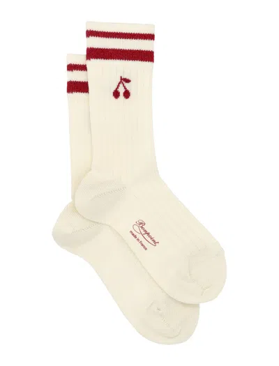 Bonpoint Manea Mini Girl Knee-high Socks With Cherry Motif And Striped Top In White Milk