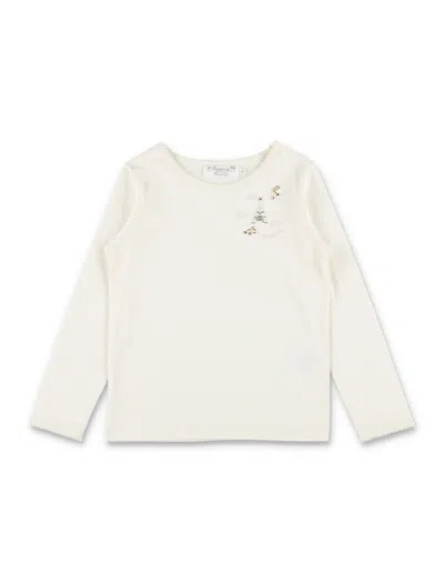 Bonpoint Mellyn Girls Long-sleeve Mini T-shirt In Organic Cotton With Hand-embroidered Beaded Motifs In Milk White