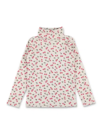 Bonpoint Mini Cherry Motif Organic Cotton Ribbed Turtleneck For Girls In Beige Print