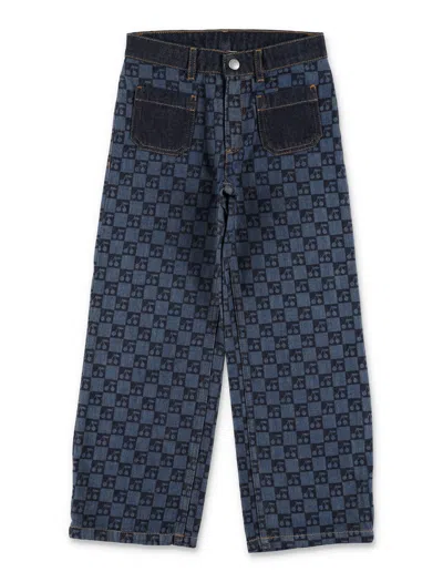 Bonpoint Mini Minalie Laser-cut Checkerboard & Cherry Flared Denim Trousers In Light Denim Print