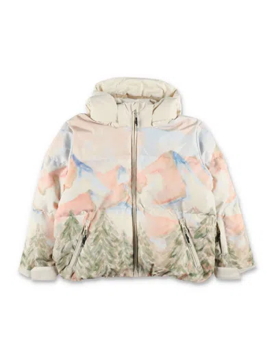 Bonpoint Mini Ski Landscape Print Down & Feather Insulated Waterproof Jacket For Girls In Pale Pink