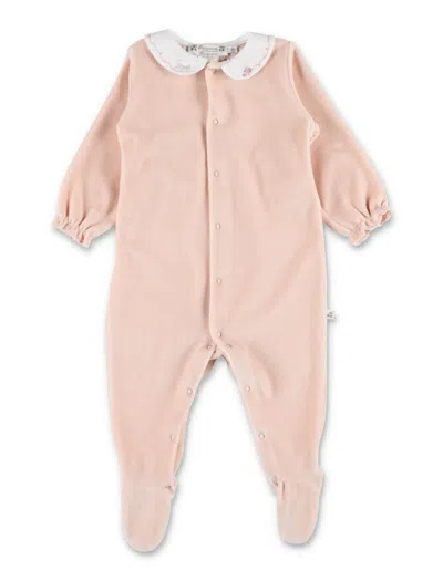 Bonpoint Mini Velvet Cat-knit Pajamas With Snap Front In Pink