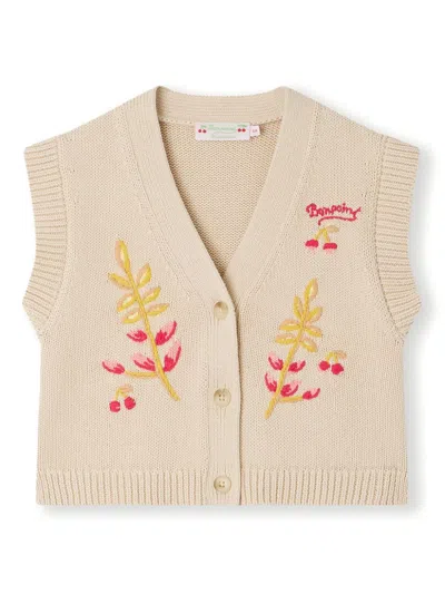 Bonpoint Kids' Embroidered Cotton Knit Cardigan In Neutrals