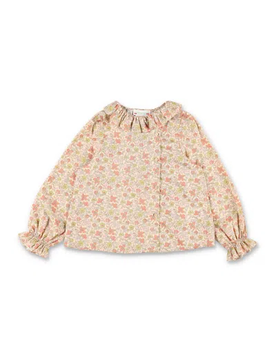 Bonpoint Organic Cotton Floral Blouse With Gathered Ruffled Collar And Asymmetrical Button Front In Flower Make Up