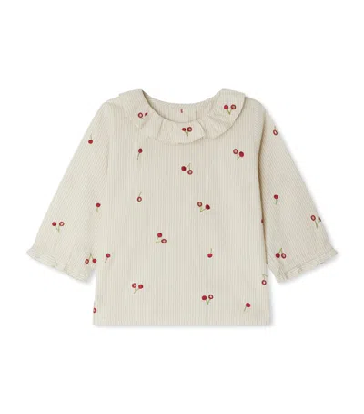 Bonpoint Ganiti Cherry Embroidered Striped Organic Cotton Shirt In White