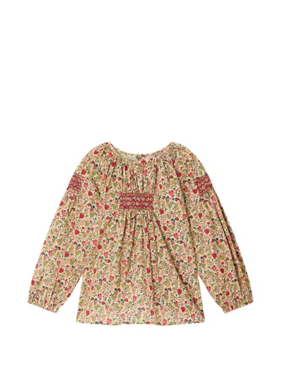 Bonpoint Kids' Poldie Floral-print Smocked Blouse In Neutrals