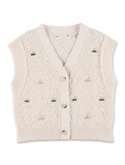 Bonpoint Sleeveless V-neck Mini Cardigan With Cherry Embroidery