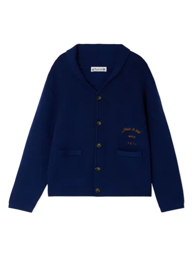 Bonpoint Kids' Slogan-embroidered Wool Cardigan In Blue