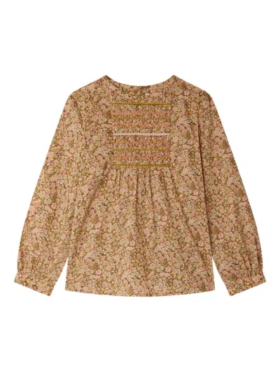 Bonpoint Kids' Gesmokte Bluse Mit Blumen-print In Brown
