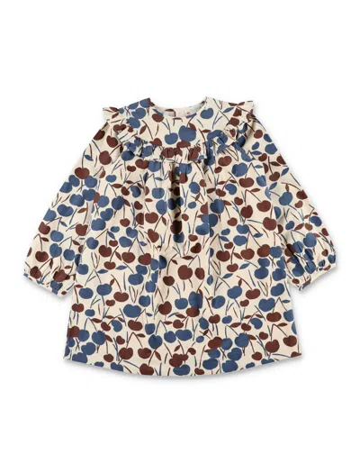Bonpoint Stretch Organic Cotton Corduroy Mini Dress With Multicolour Print & Ruffled Neckline