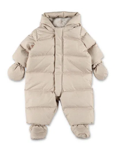 Bonpoint Tagonfly Mini Baby Snowsuit With Fur-lined Hood In Heather Beige