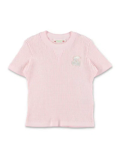 Bonpoint The Melie Girl Waffle-knit Mini Sweater With Cherry Paint-detail And Striped Trim In Rosa