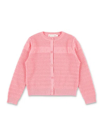 Bonpoint The Mia Girls Mini Cardigan In Wool & Cotton Knit With Raised Cherry And Music Motifs In Bubblegum Pink