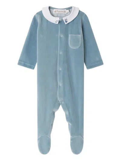 Bonpoint Babies' Tilouan Peter Pan-collar Velour Pajamas In Blue