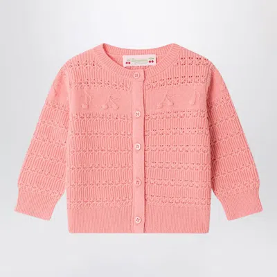 Bonpoint Unisex Wool-blend Cardigan With Cherries And Musical Notes In Pink